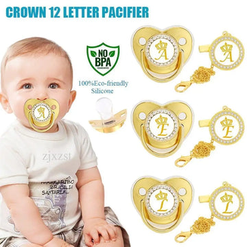 New 26 letters gold diamond crown 0-3 years old baby soother newborn teethers toys with chain clip food grade does not lose colo