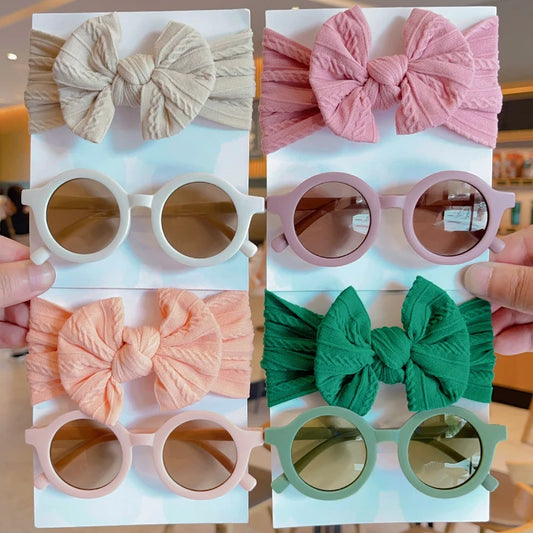 2 Pcs/Set New Children Solid Color Cotton Bowknot Wide Hairband Round Sunglasses Set Baby Girls Sunglasses Kids Hair Accessories