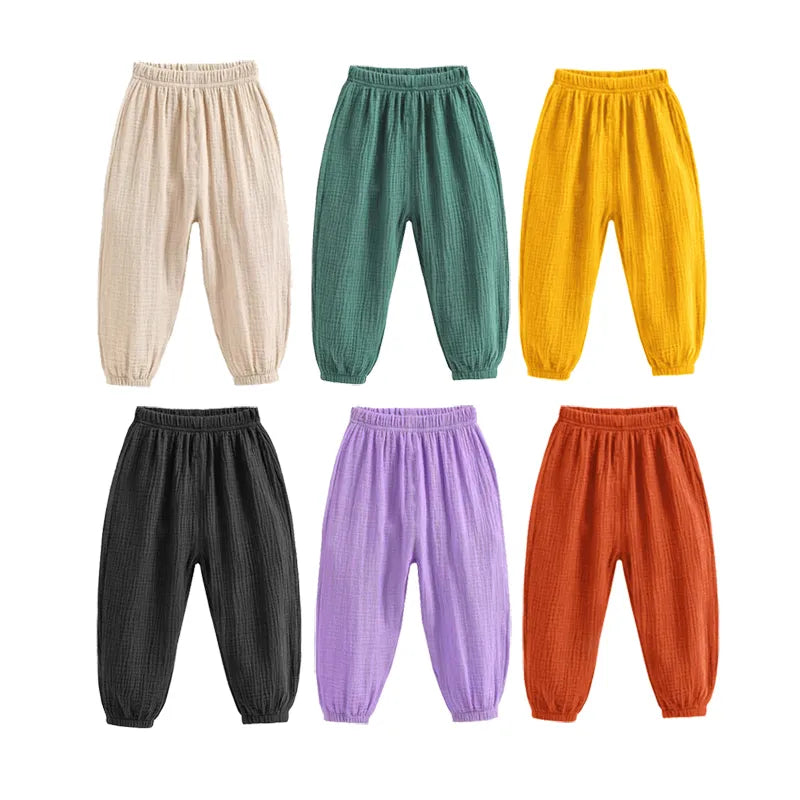 Summer Girls Boys Pants Korea Children Solid Color Cotton Linen Loose Harem Pants Casual Kids Girls Hight Waist Pleated Trousers