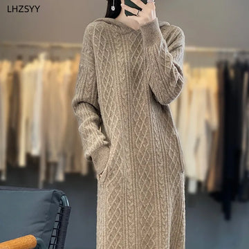 LHZSYY 2023 Autumn Winter New Hooded Cashmere Sweater Women's Mid-Length Thick Dress Loose Pullover Sweater Pure Wool Knit Skirt