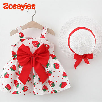 Summer Baby Girl's Dress Small Round Dot Strawberry Print Chest Bow Daily Casual Dress with Hat