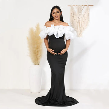 Slash Neck Mesh Stretchy Maternity Photoshoot Long Dresses Skinny Maternity Woman Photography Dress Pregnancy Maxi Gown