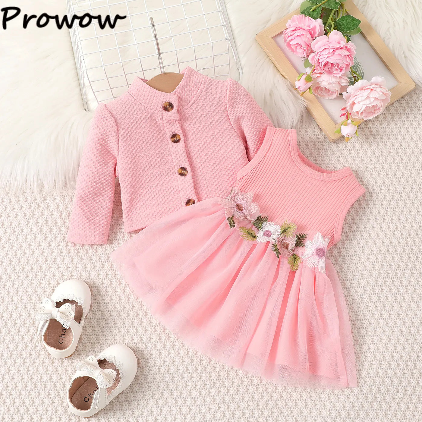 Prowow 3-24M Baby Dresses Pink Coat With Embroidery Flower Dress For Girls Spring Fall Toddler Dress Kids Baby Girls Clothes