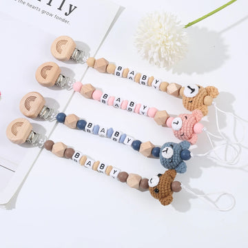 Beech Wood Baby Pacifier Clips Personalized Name Animal Felt Balls Nipple Holder Chain For Baby Care Teether Toy Anti-Lost Chain