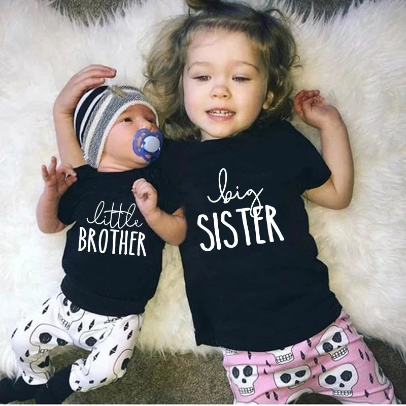 New Big Sis Lil Bro Sibling Shirts Cotton Family Matching Brother Sister Outfits Black Kids Tees Tops Baby Romper Birthday Gifts