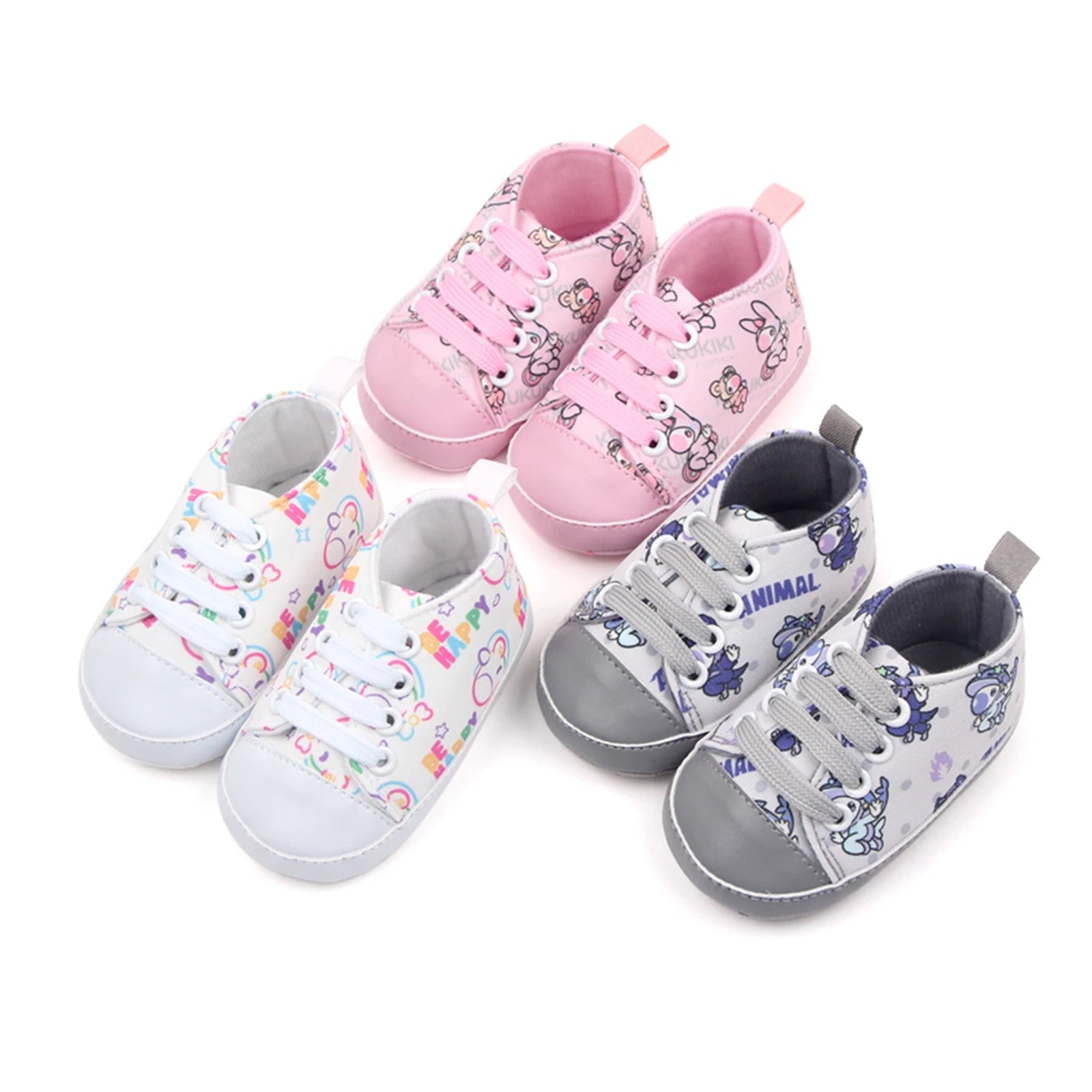 Baby Boys Girls Crib Shoes Cartoon Print Tie-Up Sneakers Non-Slip Infant First Walkers 0-18M
