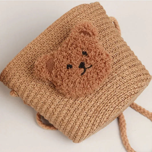Cute Kids Shoulder Bag Summer Straw Woven Handmade Bags Mini Baby Girls Coin Purse Cartoon Bear Toddler Crossbody Bag