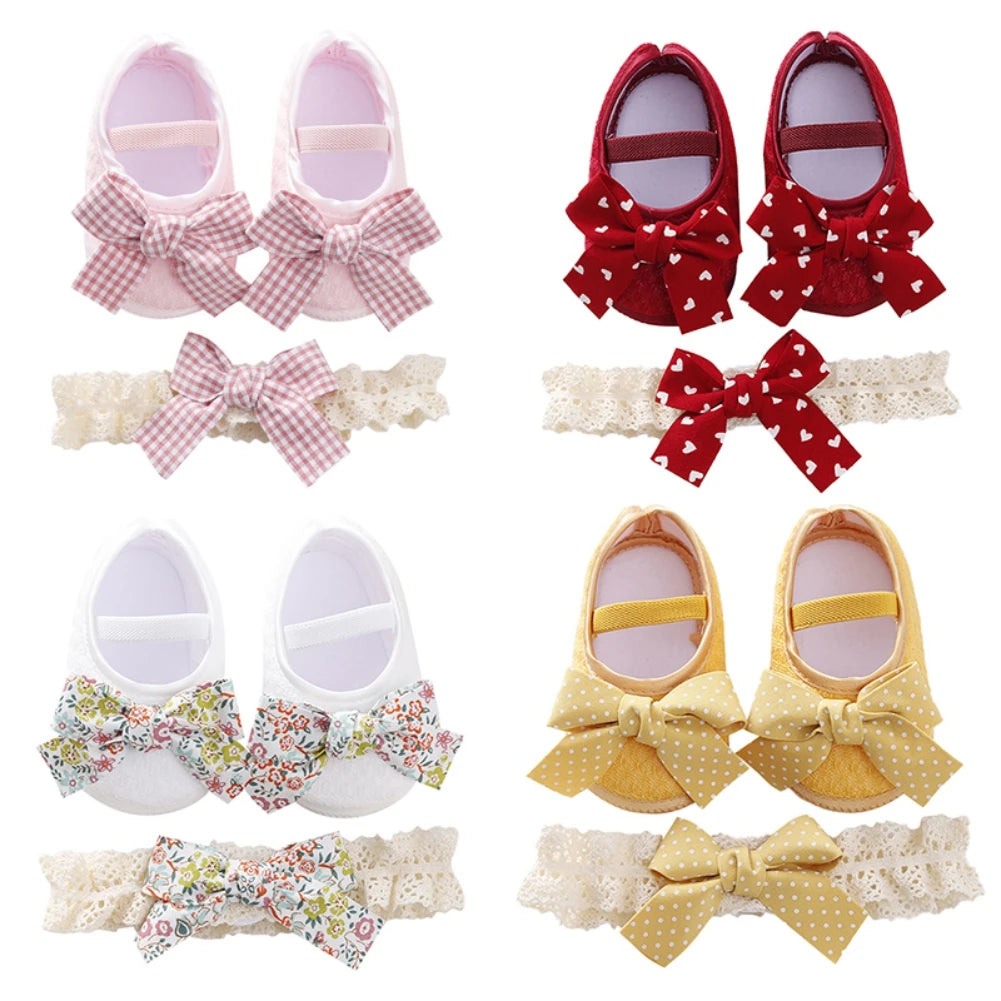 Baby Shoes and Headban Set Buckle Design 0-12M Fashion Printing One Foot Pedal Fashion Bow Lovely Princess Shoes