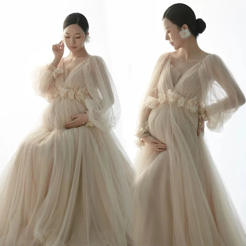 Women's Champagne Maternity Photo Shoot V-Neck Long Sleeves Tulle Floral Pregnant Photography Props Long Mesh Maxi Dress