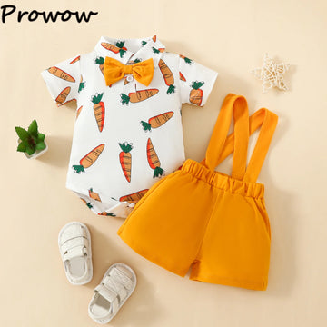 Prowow 0-18M My First Easter Boys Outfit Sets Necktie Carrot Romper+Suspender Yellow Pants Newborn Baby Easter Costume For Boys