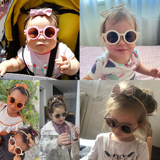 2 Pcs/Set New Baby Girls Cute Solid Color Cotton Bowknot HeadbandRound Sunglasses Set Children Sunglasses Kids Hair Accessories