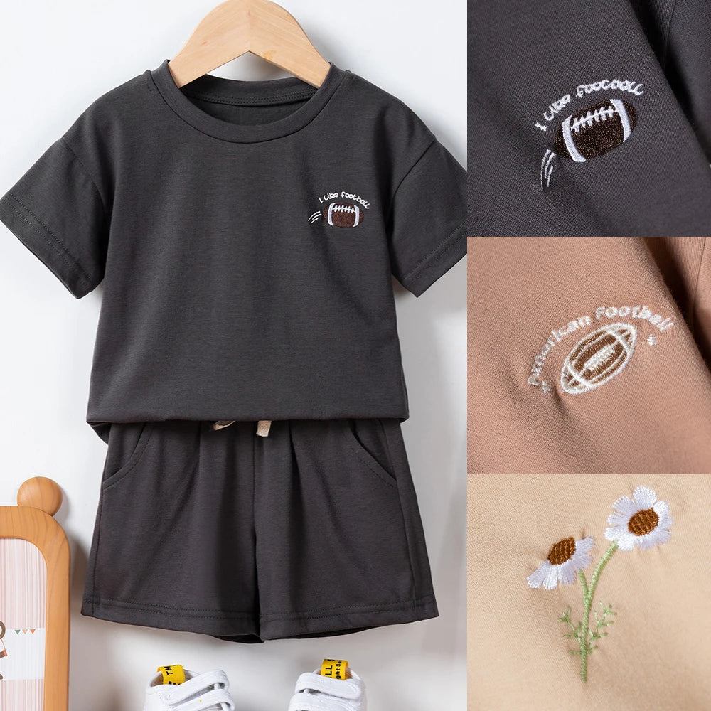 New Summer Children 2pcs Sets Boys Girls Short Sleeve Rugby/Daisy Embroidery T-shirt+Solid Shorts 2pcs Set Kids Leisure Suits