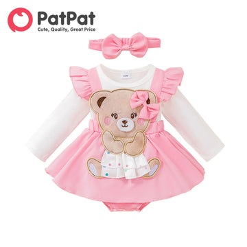 PatPat Dress Newborn Baby Girl Clothes New Born Overalls Jumpsuits 95% Cotton Embroidered Bear Romper with Headband Set