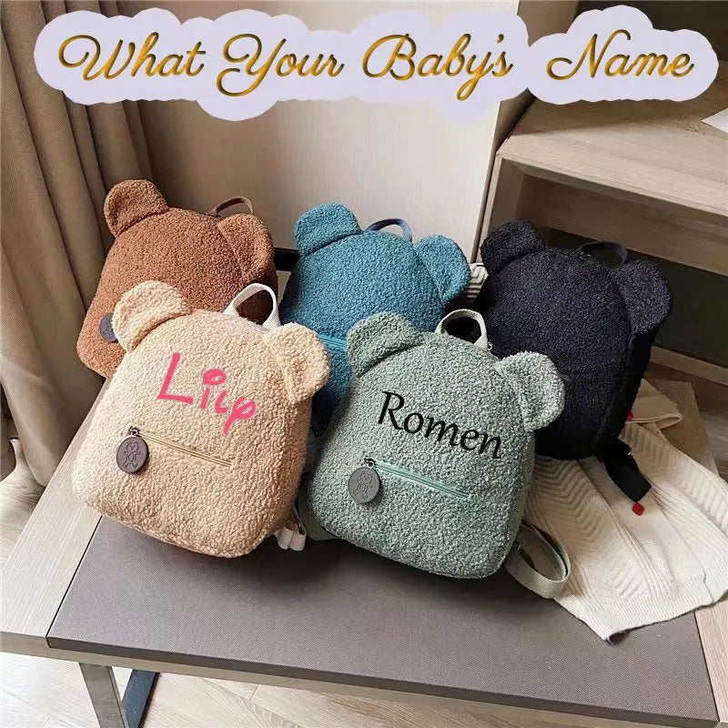 Personalised Baby Girls Backpack Cute Bear Plush Solid Color Baby Bag Custom Name Casual Backpack for Toddler Kids