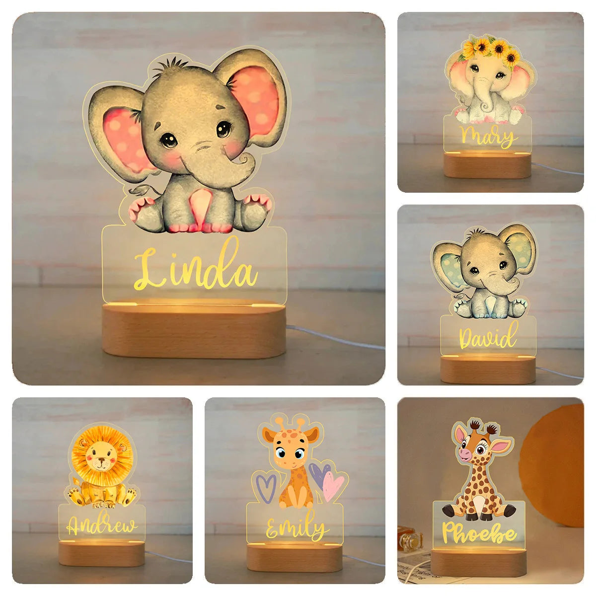 Personalized USB NightLight Custom Name Acrylic Lamp Animal Design for Baby Kids Bedroom Home Decoration Birthday Christmas Gift