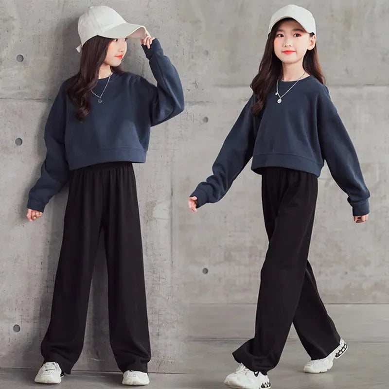 Spring Teenage Girl Clothes Solid Sweatshirt Pullover and Pants Outfit Children Casual Top and Bottom 2 Pieces Suit Tracksuit