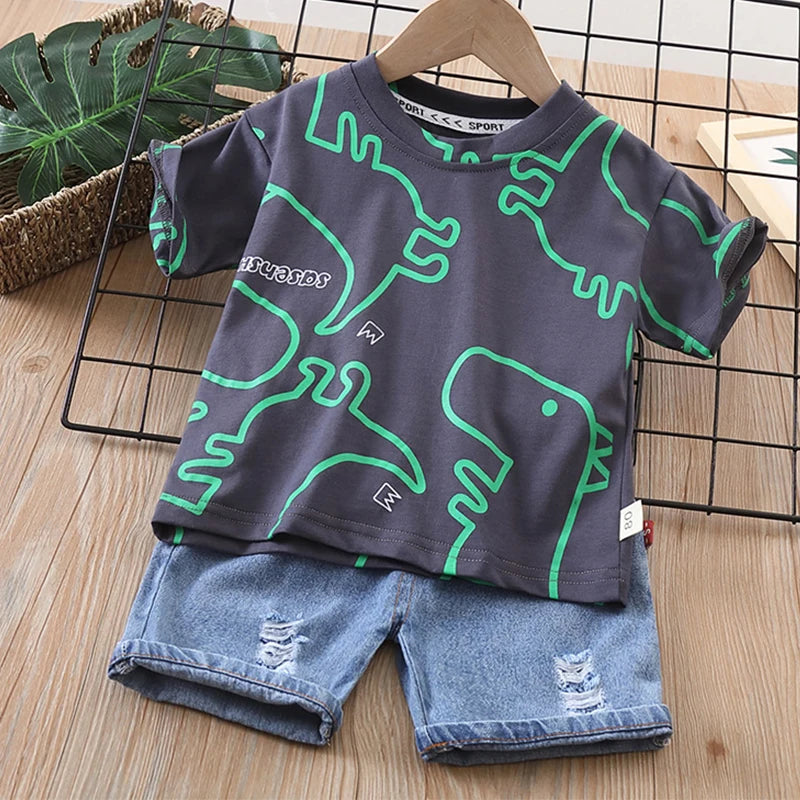 Boys Clothes Summer Fashion Crew Neck Children Tracksuit Dinosaur T-shirt Denim Shorts Suit Kids Outfit Baby Boys Set 1-5 Years