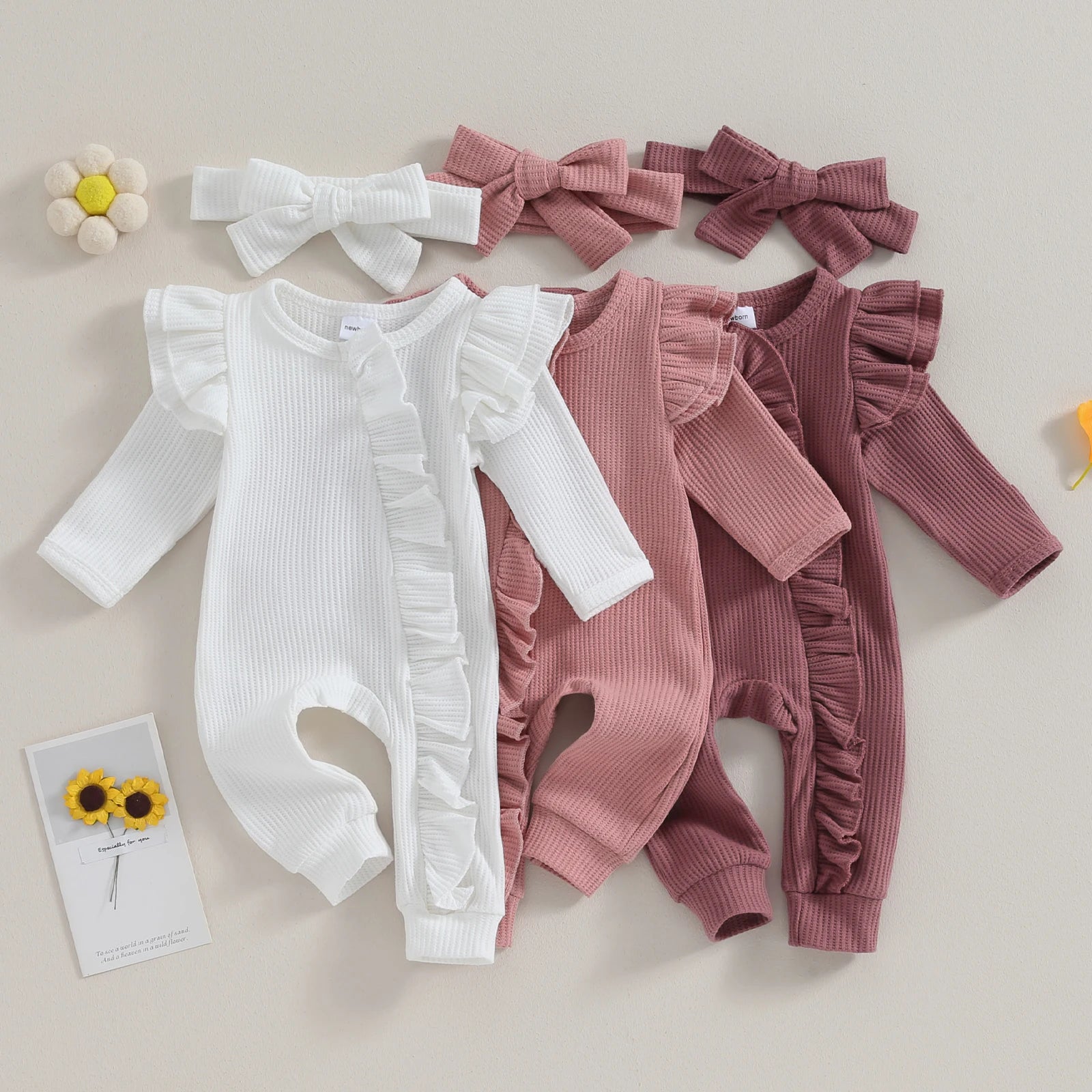 Pudcoco Infant Baby Girl Autumn Jumpsuit Solid Color Round Neck Flying Sleeve Ruffled Zipper Romper with Bow Headband 0-12M