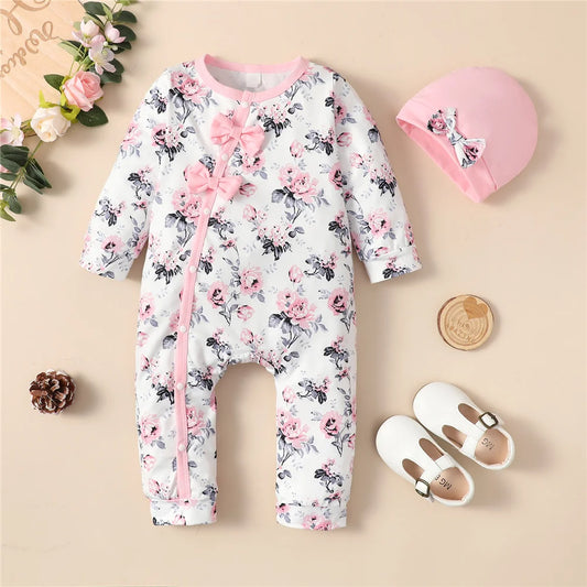 0-18 Months Newborn Baby Girl Romper Clothes Long Sleeve Flower Bodysuit Costume Lovely Baby Spring Jumpsuit Outfit with Hat