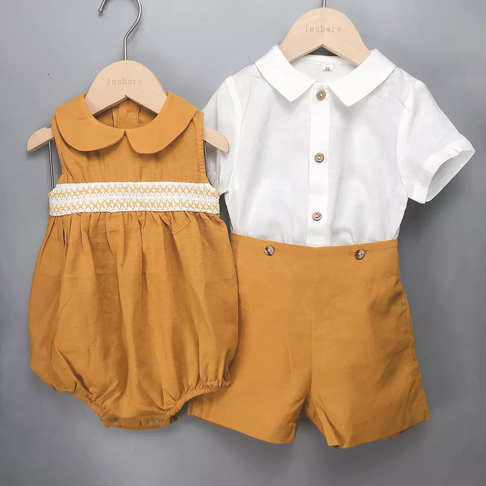 Children Boutique Spanish Clothing Summer Baby Girls Yellow Romper Short Sleeve Cotton Linen Boy Set Sister Brother Outfit